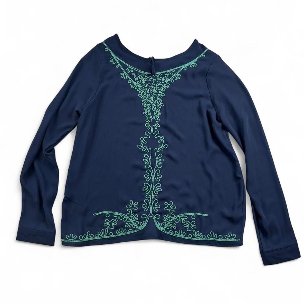 Boutique Boho Embroidered Top Women’s Small Navy Blue Long Sleeve